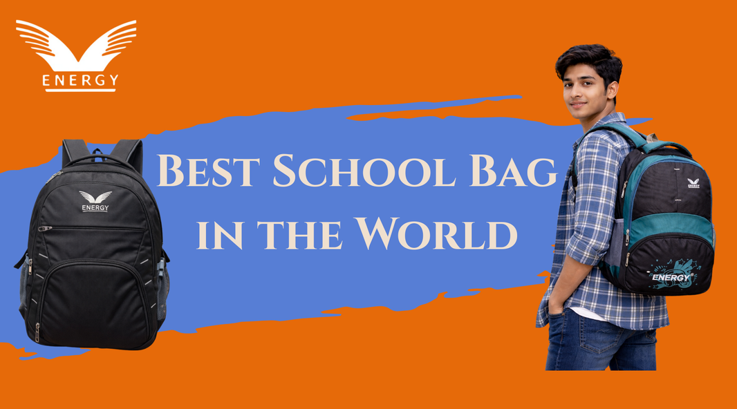 Best school bag in the world concept banner with folded black fabric background and Energy brand design elements