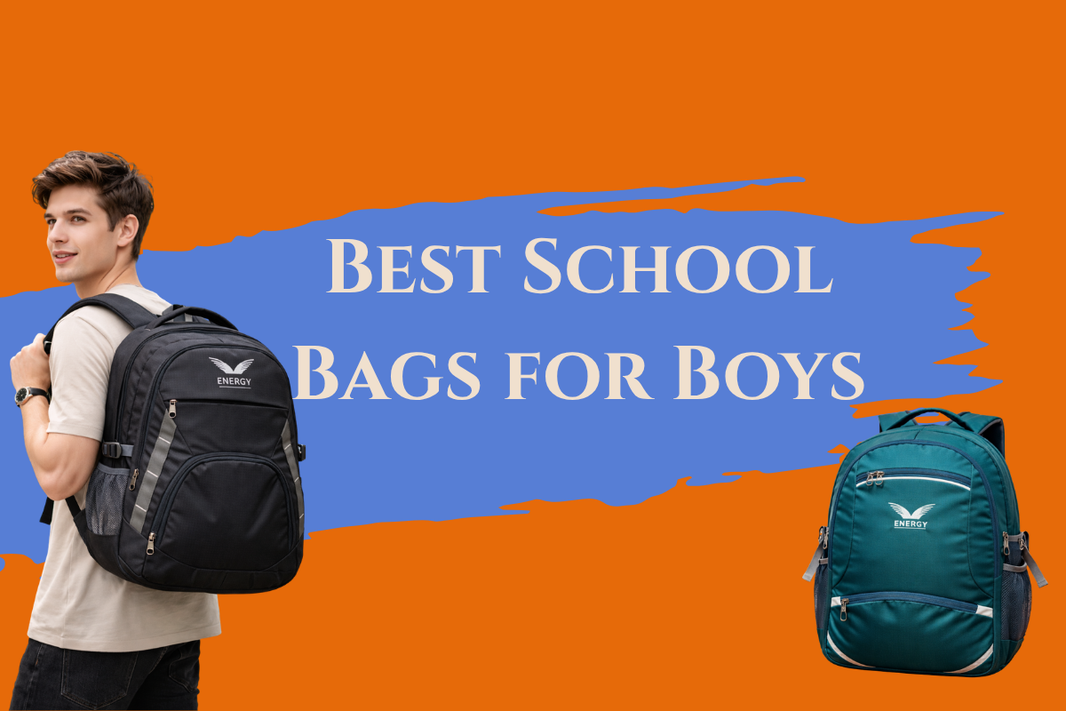 Teenage student carrying black school backpack walking through school corridor with lockers